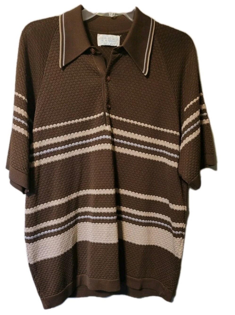 Vintage Kmart Pointell Knit Striped Polo Men's Large 70s Retro Mod Short Sleeve